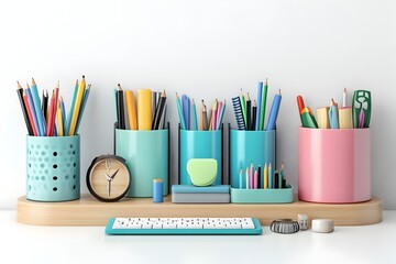 Fototapeta premium Meticulously Organized Desk Accessories with Stationery Items in a Minimalist 3D Rendered Studio