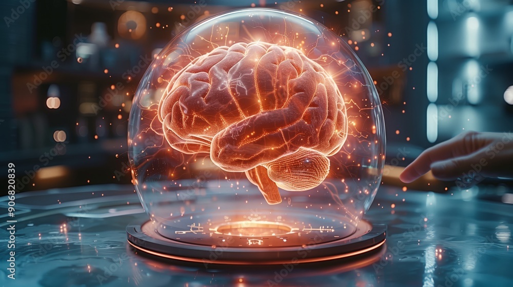 Aufkleber a glowing brain encased in a glass dome is illuminated as researchers interact with advanced technol