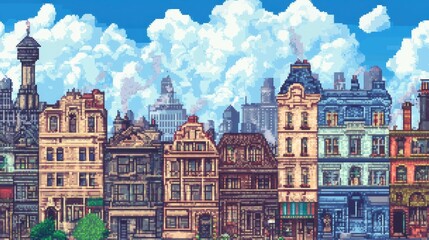 Fototapeta premium Pixel art of a retro big city, featuring 8-bit style buildings and vintage urban charm.