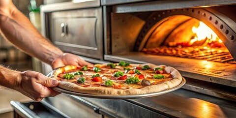 Close up shot of a hand placing a fresh pizza into a hot oven at a bustling pizzeria , preparation, cooking, food