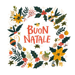 A colorful Christmas card with a wreath and a star in the center. The text reads "Buon Natale" in bold letters