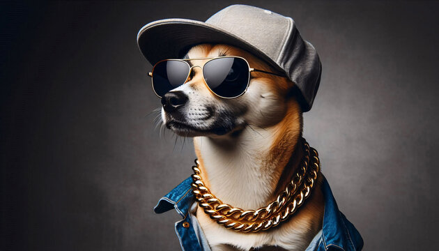Superstar Hund mit Basecap, Sonnenbrille und goldener Halskette isoliert auf dunklem Hintergrund, copy space
