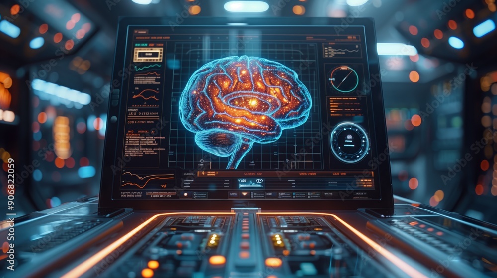 Poster a high-tech control panel displays an intricate brain visualization, illuminated by digital lights i