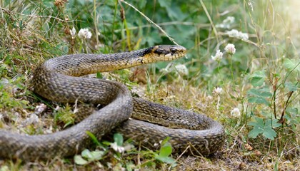 close up and selective focus side view of rat snake on head, the snake crawls on the dry twigs, reptiles on the tree branches.