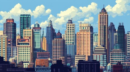 Obraz premium Pixel art of a retro big city, with 8-bit style buildings and a nostalgic feel.