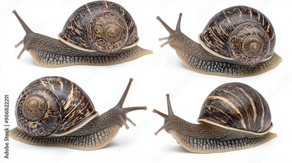 Poster four slugs are shown in a row, each with a different color and pattern. the slugs are all facing the