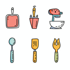 Set colorful kitchen utensils illustrations, handdrawn cartoon style. Kitchenware collection includes cutting board, knife set, stand mixer, ladle, spatula, salad fork. Bright simple cooking icons