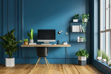 Modern Home Office Design with Blue Walls and Plants