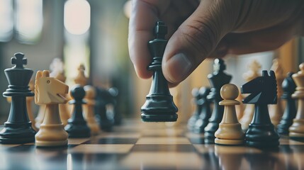 Hand Holding a Chess Piece: A hand moving a chess piece, making a strategic move on the board.
