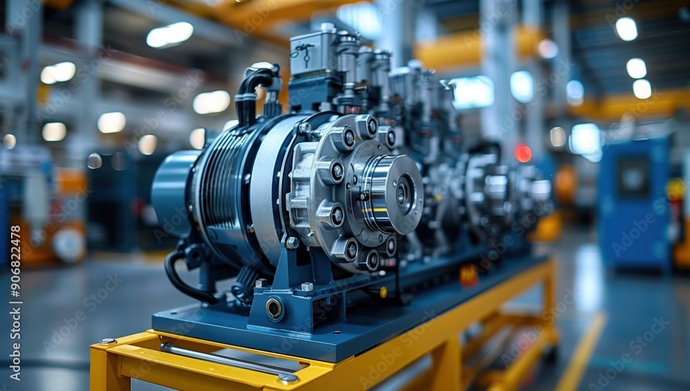 Poster aircraft engine on assembly line. close-up of a detailed aircraft engine on an assembly line in a mo
