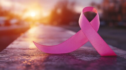 A beautiful pink ribbon symbolizes support for breast cancer awareness, glowing in the soft light of a sunset.