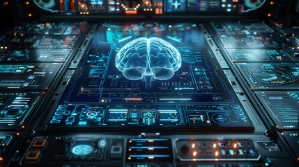 The digital control panel showcases an intricate brain interface in a futuristic setting, emphasizing advanced technology and data management.