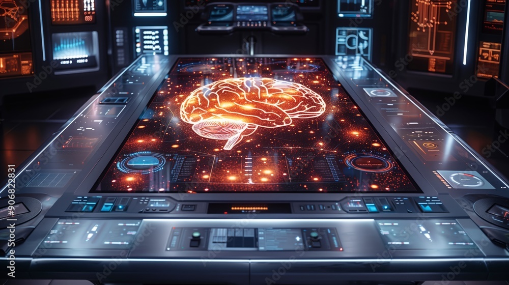 Poster a digital control panel transitions to reveal an illuminated brain visualization, showcasing technol
