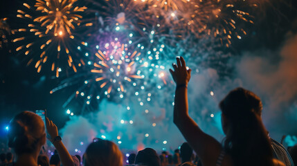 Fireworks Festival at night, the dark night sky is decorated with colorful fireworks exploding beautifully, a crowd of happy people below, Ai Generated Images