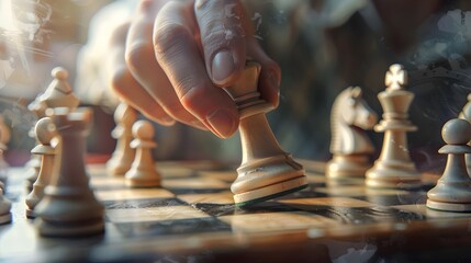 Hand Holding a Chess Piece: A hand moving a chess piece, making a strategic move on the board.
