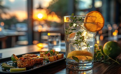 a glass of water with lemon slices and herbs on a table.

