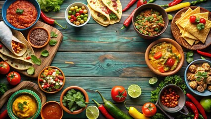 Delicious spread of Mexican dishes on the table , Tacos, Burritos, quesadillas, chili, fajitas, tortillas, Mexican cuisine