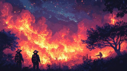 Pixelated galaxy firefighters extinguishing space forest fires, with detailed and contrasting colors.
