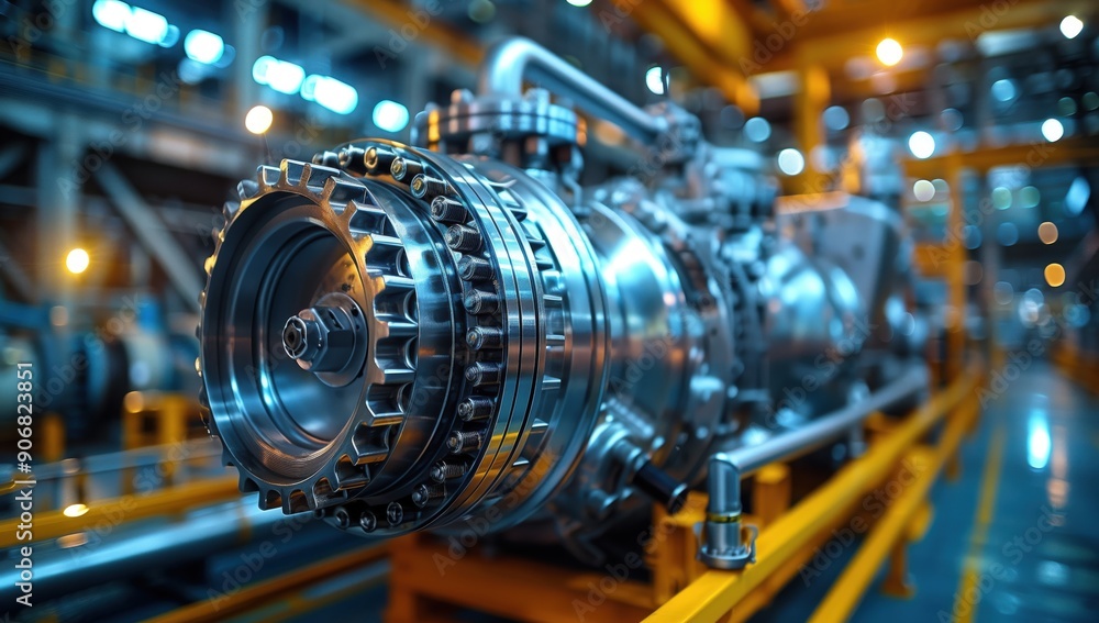 Poster advanced aircraft engine in factory. close-up of an advanced aircraft engine on a yellow support str