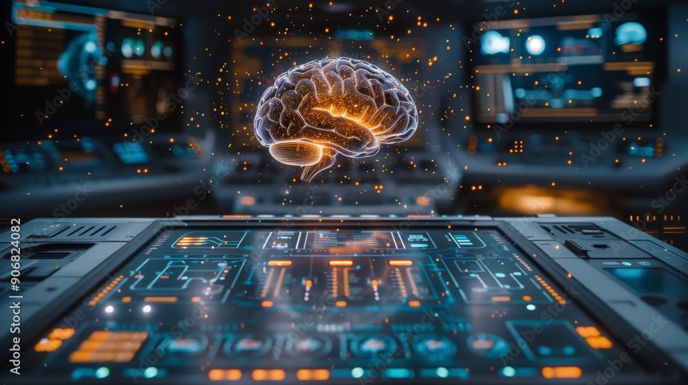 Poster a digital control panel reveals a holographic brain graphic, showcasing advanced neural interface te
