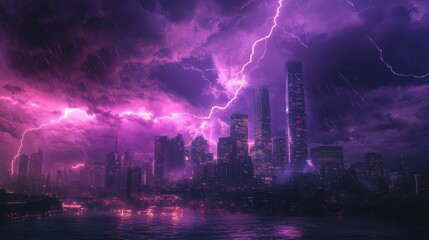 Obraz premium Purple-lit city under a powerful lightning storm, capturing the dramatic and electrifying scene.