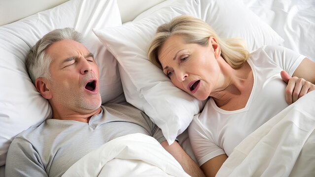 Elderly couple in bed dealing with snoring, showcasing sleep disturbances, relationship dynamics, and sleep health concerns in a shared bedroom.