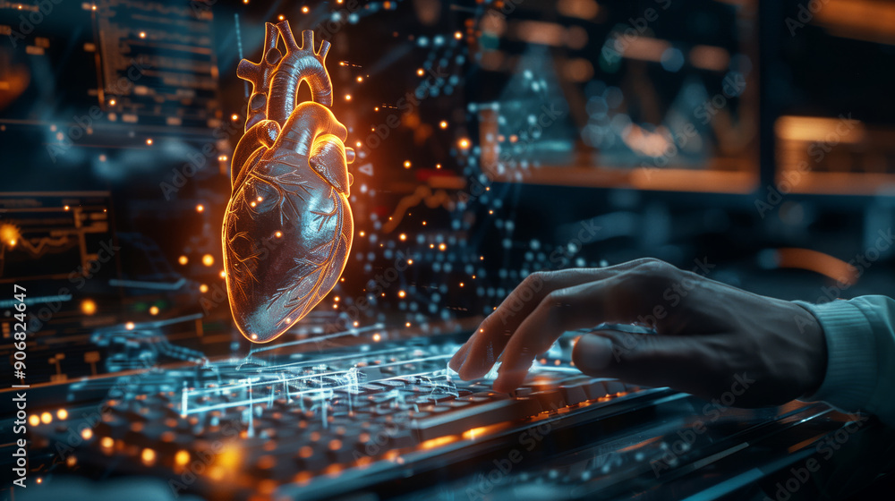 Poster a scientist types on a keyboard, interacting with a holographic heart model in a high-tech lab envir