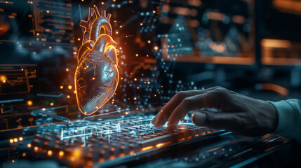 A scientist types on a keyboard, interacting with a holographic heart model in a high-tech lab environment.