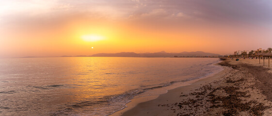 View of beach at Playa de Palma at sunset, S'Arenal, Palma, Majorca, Balearic Islands, Spain, Mediterranean, Europe