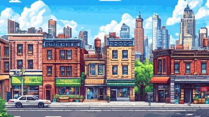 Obraz premium Retro city in 8-bit pixel art, showcasing a vibrant urban landscape with nostalgic vibes.