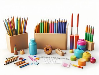 Student Art and Craft Supplies on White Background in 3D Rendering