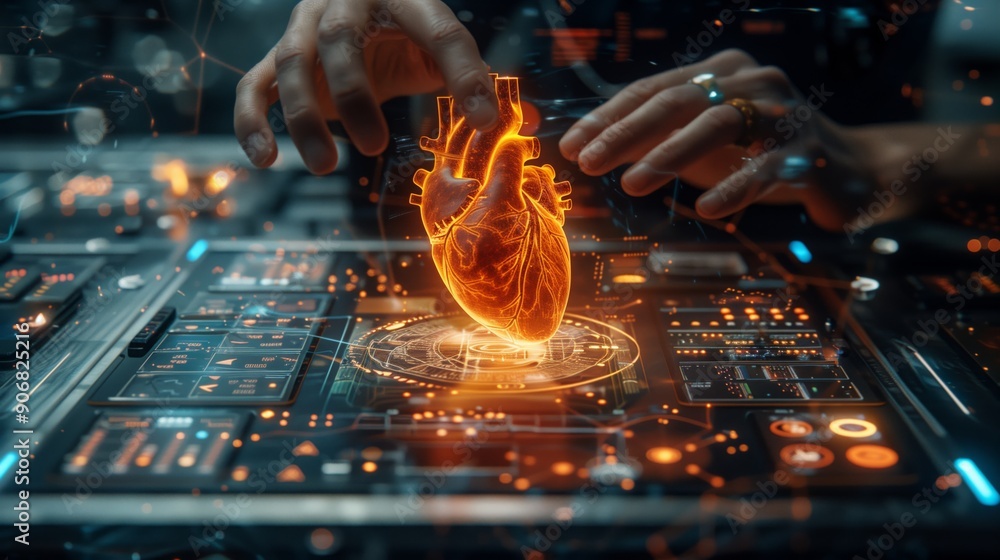 Poster hands of a scientist interact with a floating holographic heart model, analyzing intricate details d
