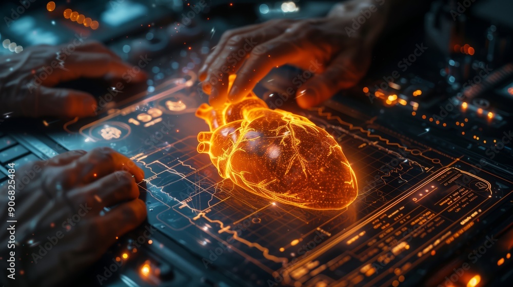 Poster a scientist is focused on a holographic heart model, manipulating it with precision in a futuristic 