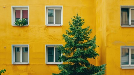 Fototapeta premium Small pine near building with yellow facade and white windows