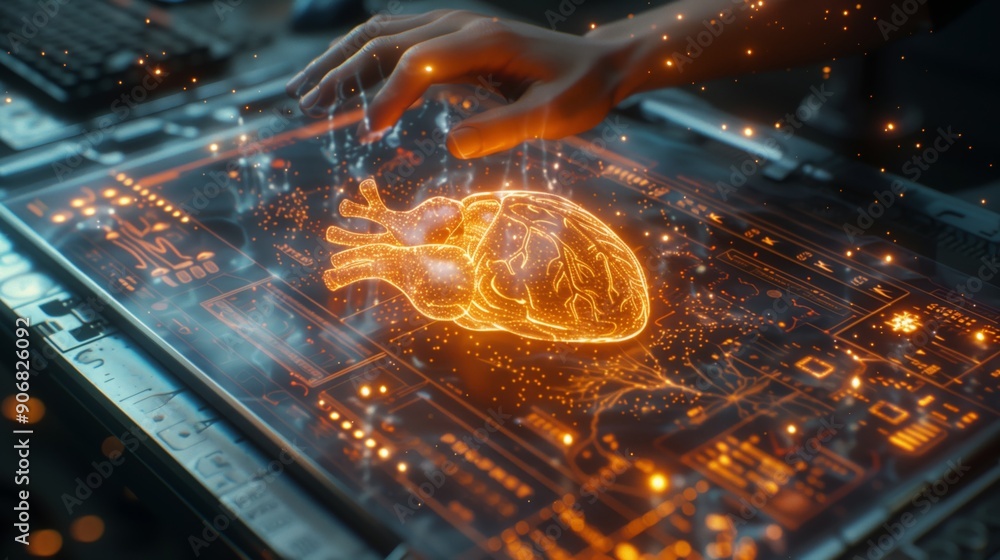 Poster a scientist interacts with a holographic heart model displayed on a digital interface in a high-tech
