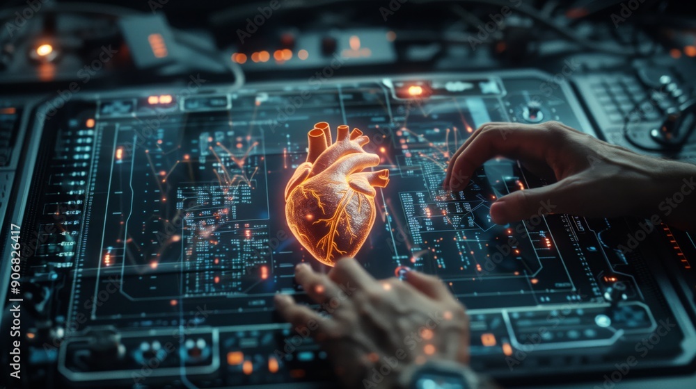 Poster a scientist analyzes a holographic representation of a heart, typing commands on a futuristic interf