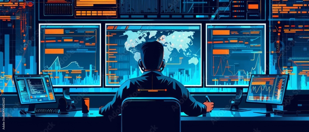 Poster security specialist analyzing live data feeds for immediate response, continuous monitoring, rapid t