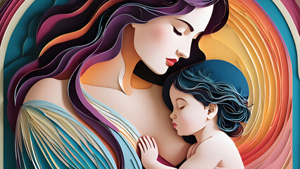 mother and infant baby colourful paper cut art illustration , breastfeeding mother , world breastfeeding week 