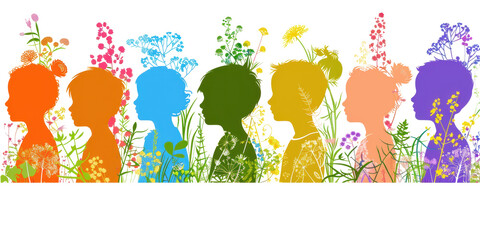 Fototapeta premium Illustrated silhouettes of children in pastel colors, standing in profile with floral details, isolated on white background. Diversity and unity concept.