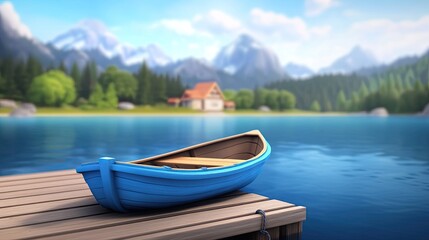 Obraz premium Beautiful Blue Rowboat Tethered at Tranquil Lake Dock Surrounded by Majestic Mountains