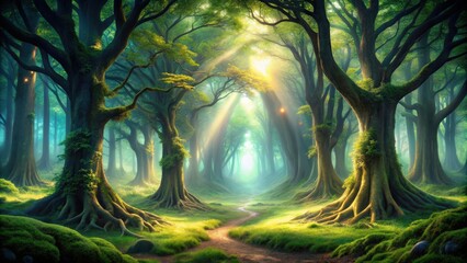 Ancient forest with trees communicating through light and sound, ancient, forest, trees, communication, light, sound