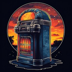 A vintage jukebox with a cosmic sunset background, radiating nostalgic vibes and warm colors.