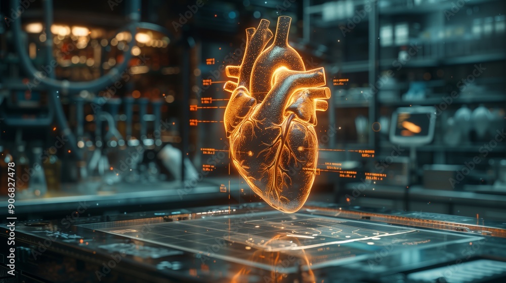 Poster a holographic heart model is displayed prominently in a modern laboratory while researchers analyze 