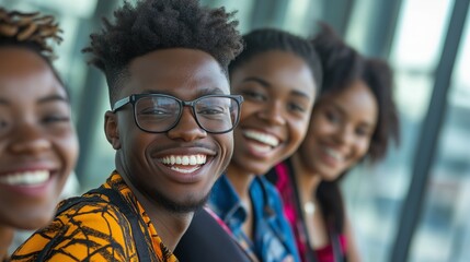 A group of young African individuals smiles joyfully while enjoying a vibrant modern environment together.
