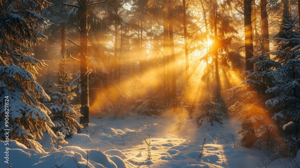 Aufkleber sunlight filtering through snow-covered tree branches in a winter forest