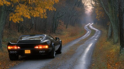 Black Sports Car Parked Beside Autumn Trees on Winding Country Road