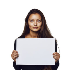Naklejka premium Serious young woman holding a blank sheet of paper, wearing a gray shirt, isolated on white background. Concept of protest, message, or identity.