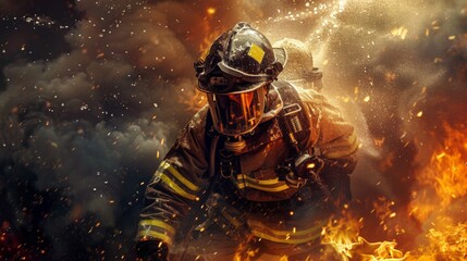 Fototapeta premium professional firefighter in suit in the middle of fire and smoke with copy space
