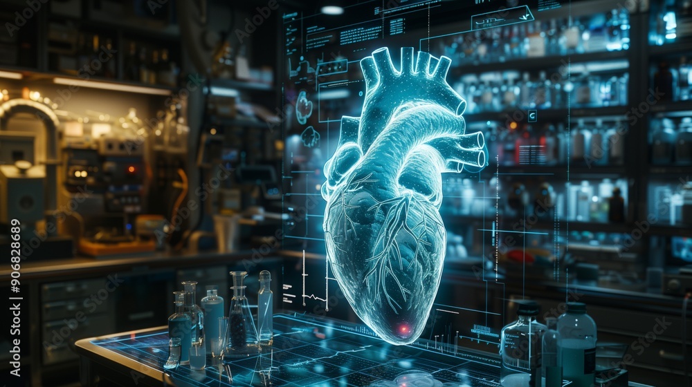 Poster a realistic heart model is showcased in a cutting-edge laboratory filled with various scientific ins