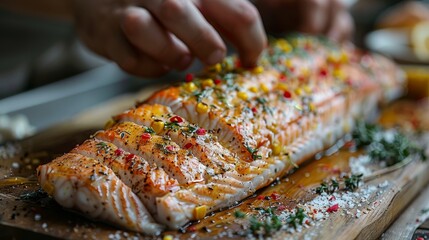 Close-up of Delicious Roasted Salmon Garnished with Herbs and Spices on a Rustic Wooden Board